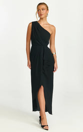 Faux Wrap One Shoulder Dress in Black