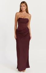 Strapless Structured Bodice Drape Skirt Dress in Plum
