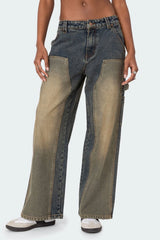 Contrast Panel Washed Mid Rise Baggy Jeans
