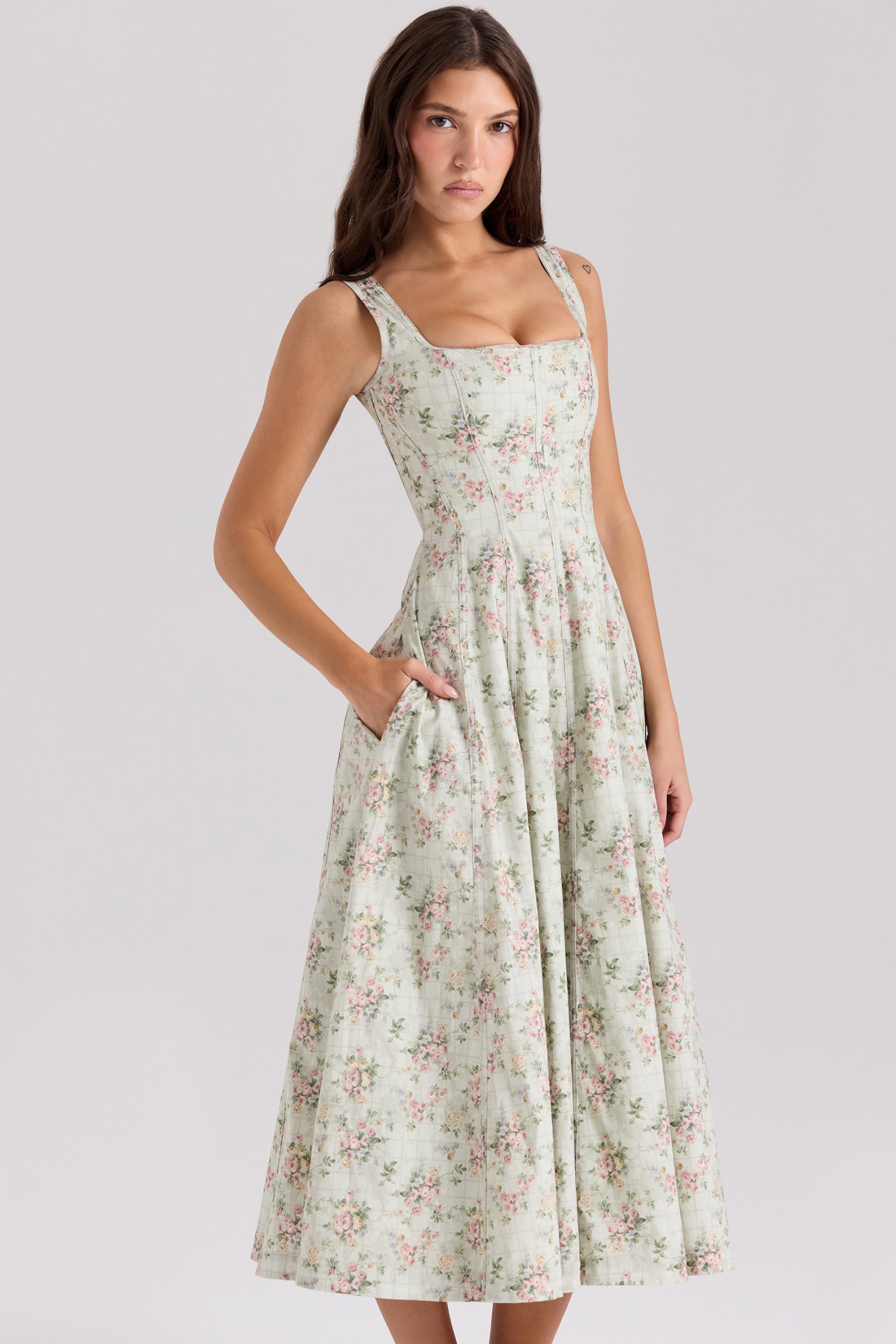 Mariabella-Sage Floral Print Cotton Midi Dress
