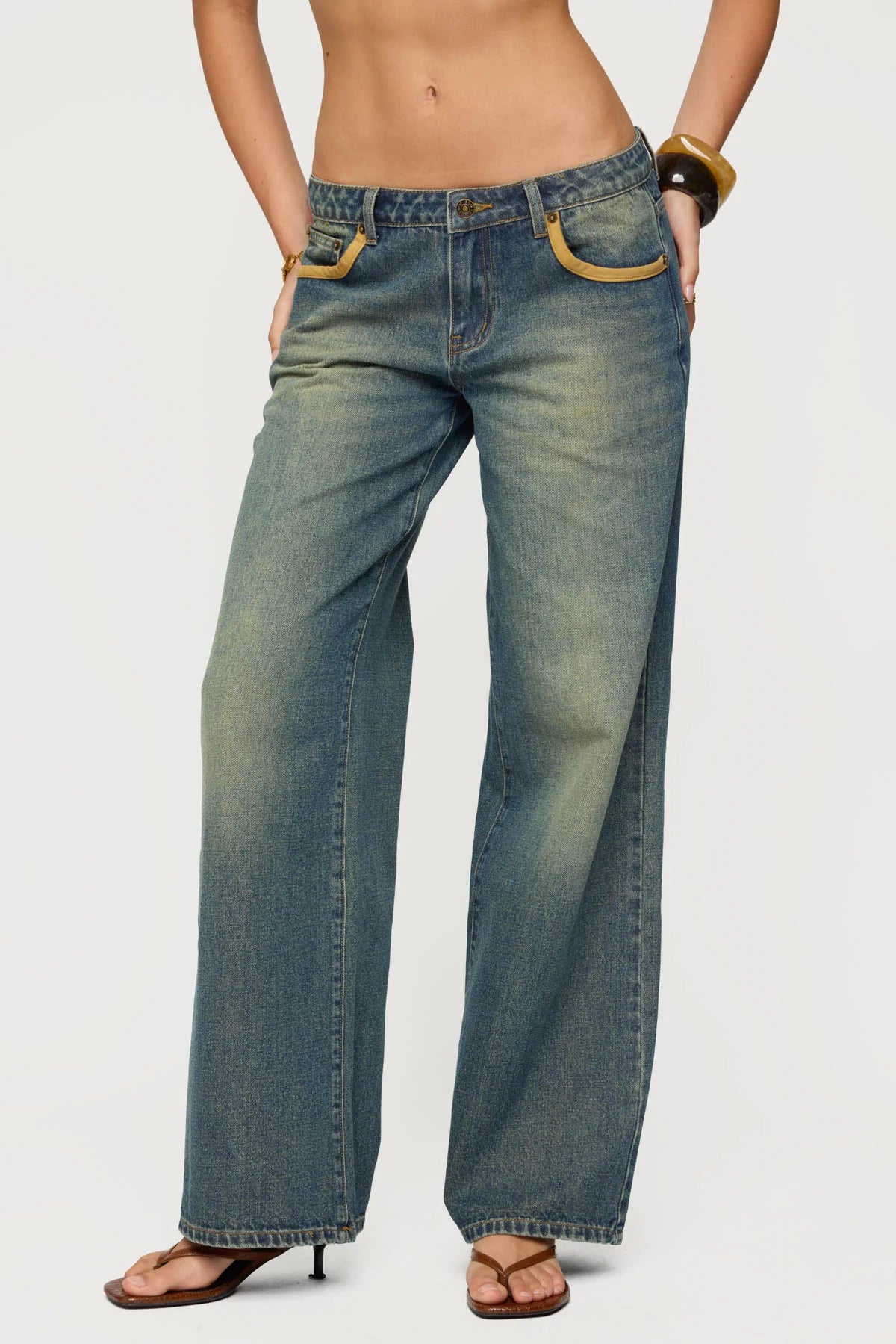 Faux Suede Star Low Rise Baggy Jeans