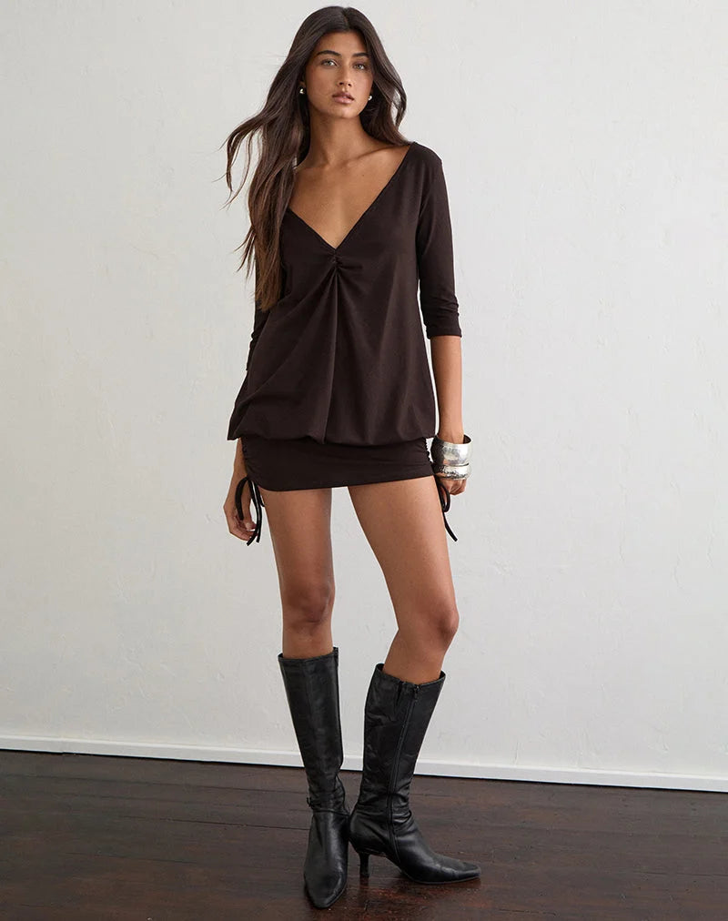 Sundari Quarter Sleeve Mini Dress in Rayon Jersey Chocolate Brown