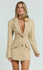 Collared Double Breasted Blazer Dress in Beige