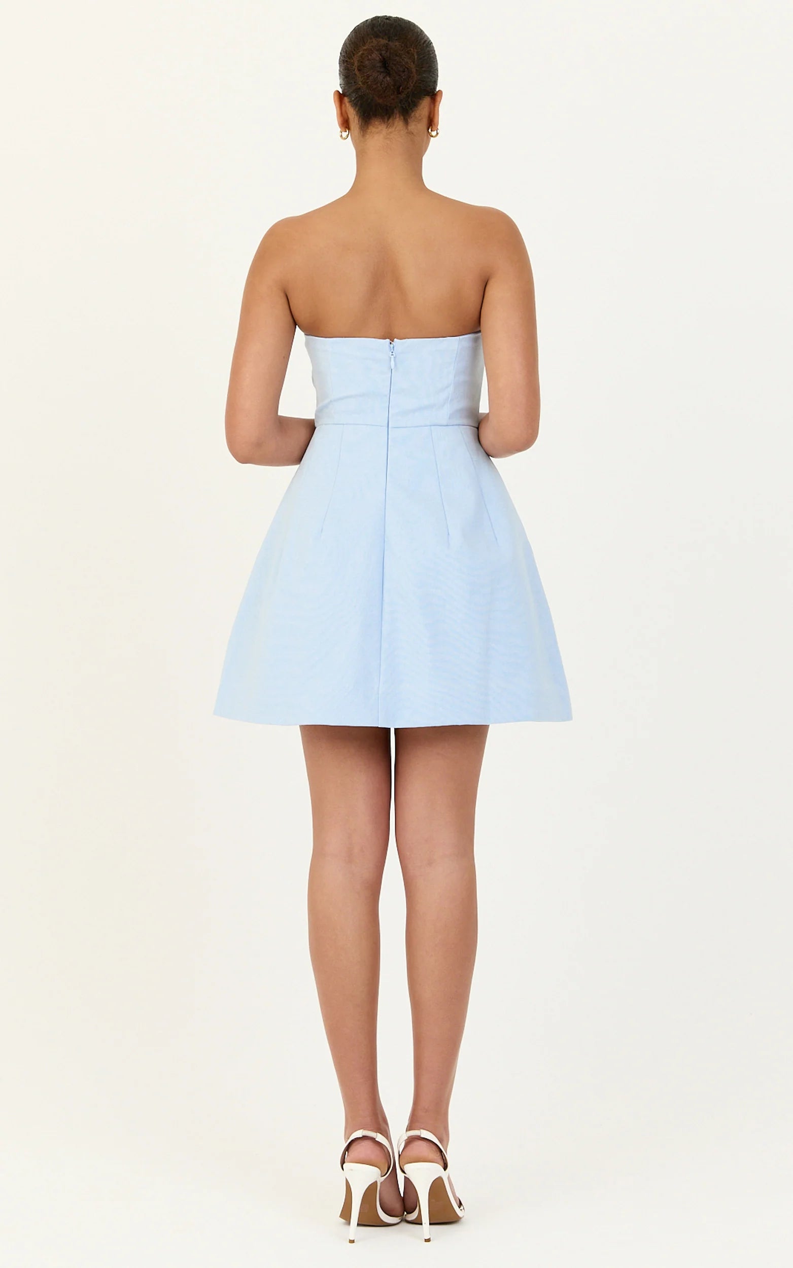Linen Strapless Front Bow Dress in Pale Blue